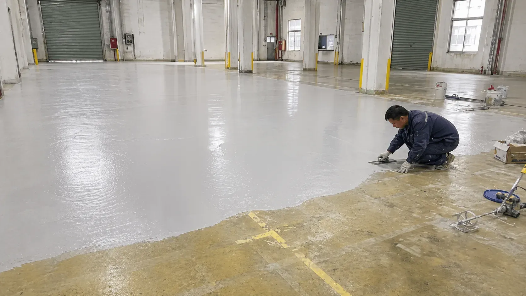 在经处理的表面上手涂施工灰色聚脲防水材料