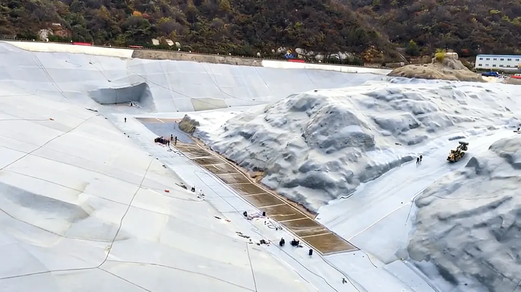 宽阔的水库表面，带有倾斜的混凝土板和细部施工